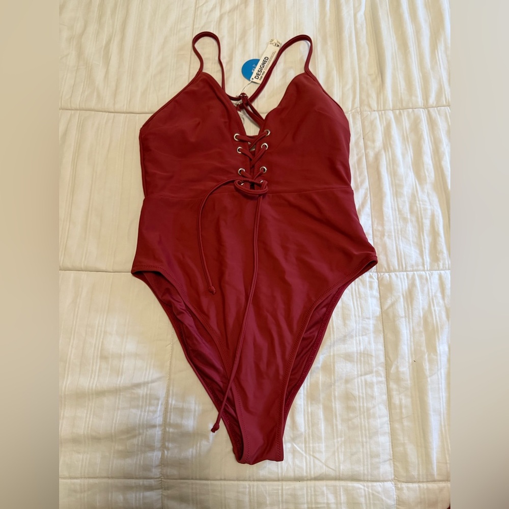 Cupshe Burgundy Lace-Up Swim Bodysuit